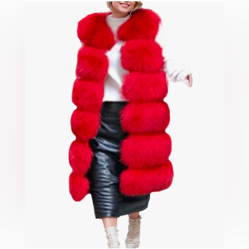 Woman’s EUC Red Faux Fox Fur Vest, Sz XXL
